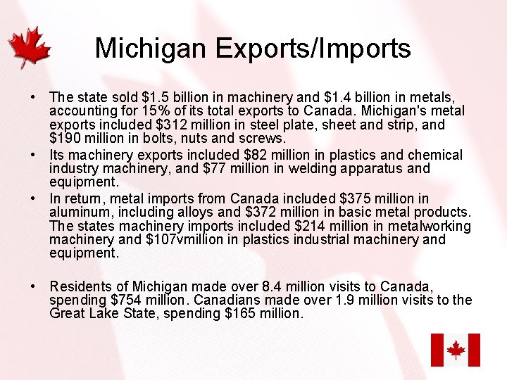 Michigan Exports/Imports • The state sold $1. 5 billion in machinery and $1. 4