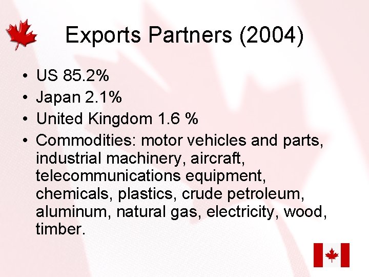 Exports Partners (2004) • • US 85. 2% Japan 2. 1% United Kingdom 1.