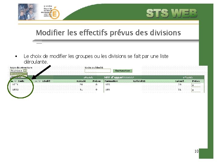 Modifier les effectifs prévus des divisions • Le choix de modifier les groupes ou