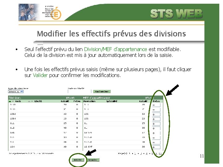 Modifier les effectifs prévus des divisions • Seul l’effectif prévu du lien Division/MEF d’appartenance