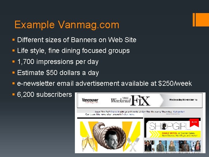 Example Vanmag. com § Different sizes of Banners on Web Site § Life style,