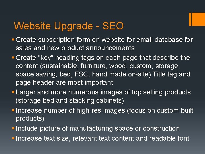 Website Upgrade - SEO § Create subscription form on website for email database for