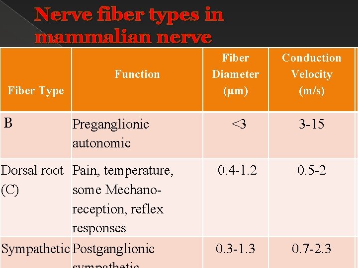 Nerve fiber types in mammalian nerve Function Fiber Type B Preganglionic autonomic Dorsal root