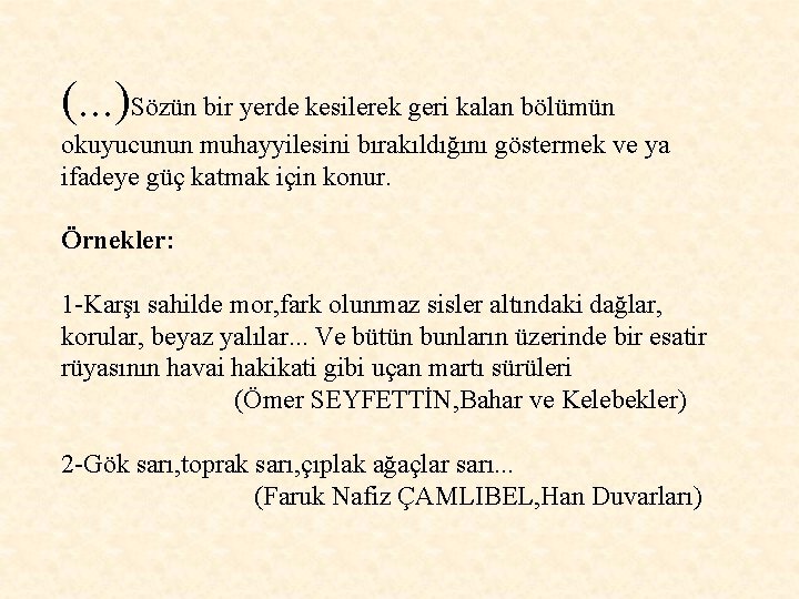 (. . . )Sözün bir yerde kesilerek geri kalan bölümün okuyucunun muhayyilesini bırakıldığını göstermek (. . . )Sözün bir yerde kesilerek geri kalan bölümün okuyucunun muhayyilesini bırakıldığını göstermek