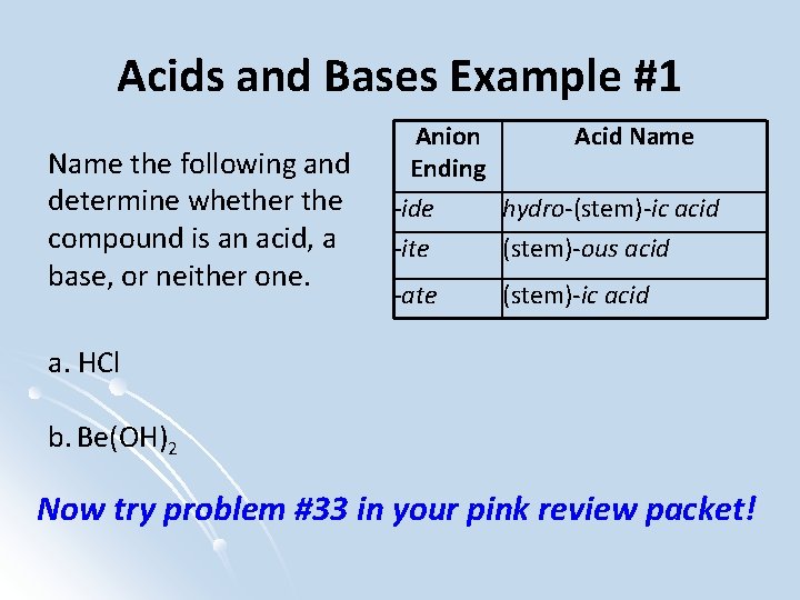 Acids and Bases Example #1 Name the following and determine whether the compound is