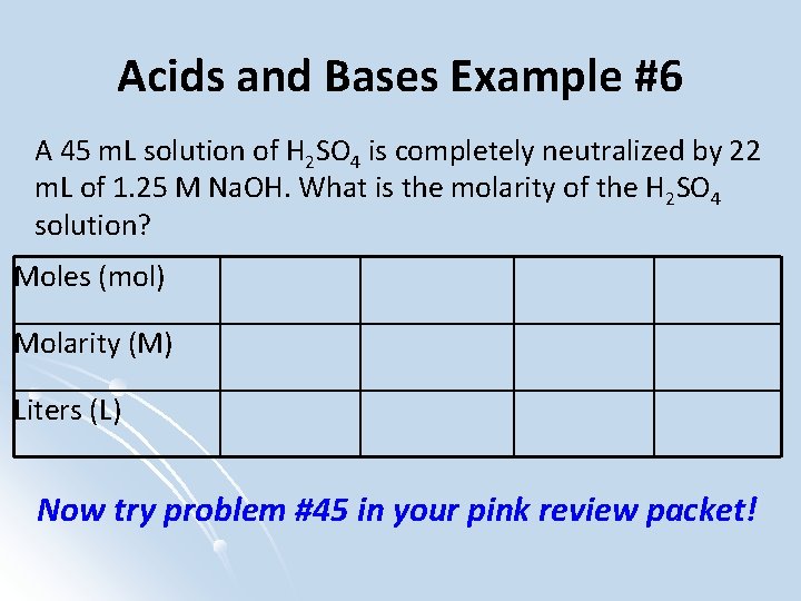 Acids and Bases Example #6 A 45 m. L solution of H 2 SO