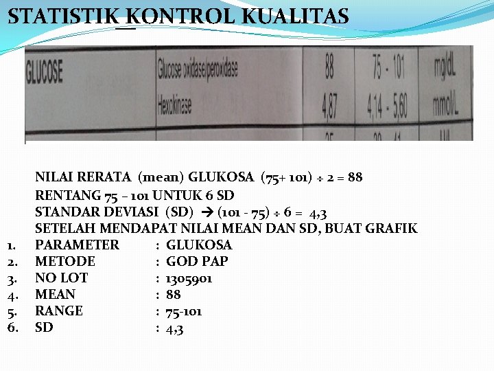 STATISTIK KONTROL KUALITAS 1. 2. 3. 4. 5. 6. NILAI RERATA (mean) GLUKOSA (75+