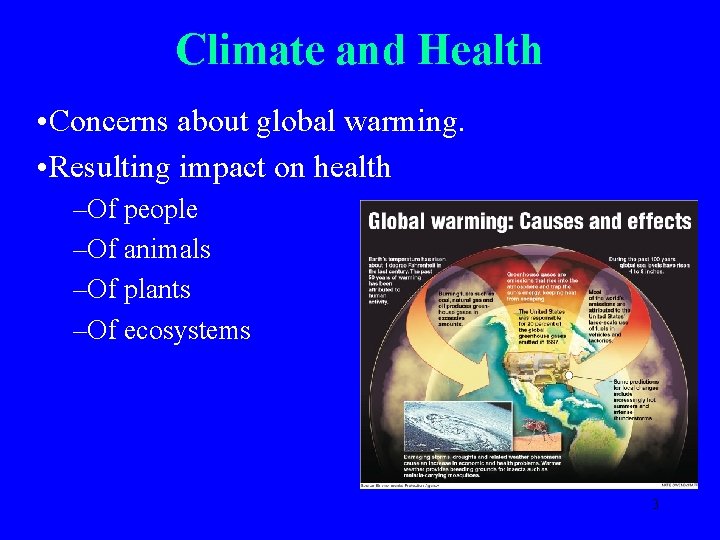 Climate and Health • Concerns about global warming. • Resulting impact on health –Of