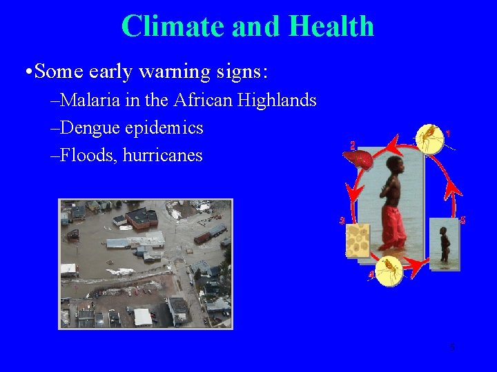 Climate and Health • Some early warning signs: –Malaria in the African Highlands –Dengue