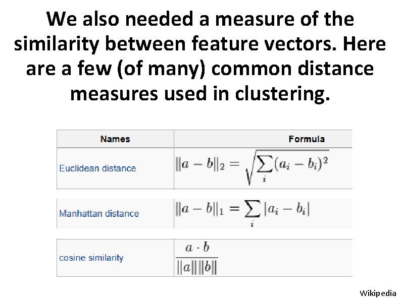 We also needed a measure of the similarity between feature vectors. Here a few
