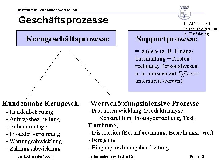 Institut für Informationswirtschaft Geschäftsprozesse Kerngeschäftsprozesse II. Ablauf- und Prozessorganisation A. Einführung Supportprozesse = andere