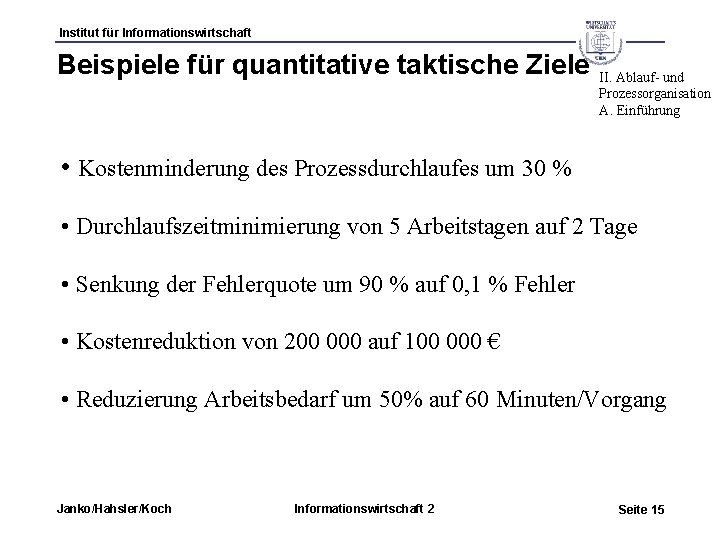 Institut für Informationswirtschaft Beispiele für quantitative taktische Ziele II. Ablauf- und Prozessorganisation A. Einführung