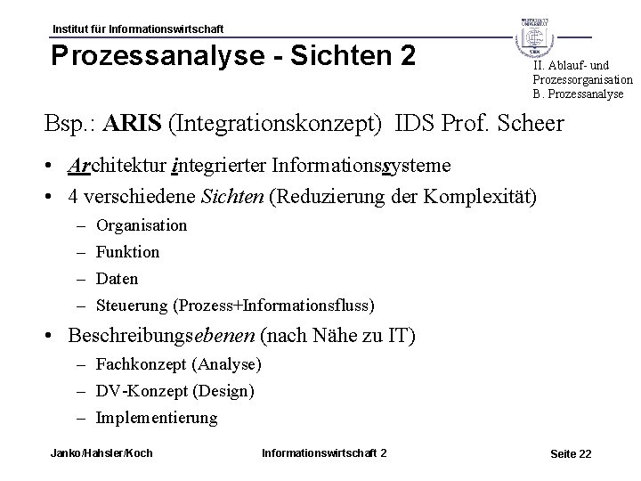 Institut für Informationswirtschaft Prozessanalyse - Sichten 2 II. Ablauf- und Prozessorganisation B. Prozessanalyse Bsp.
