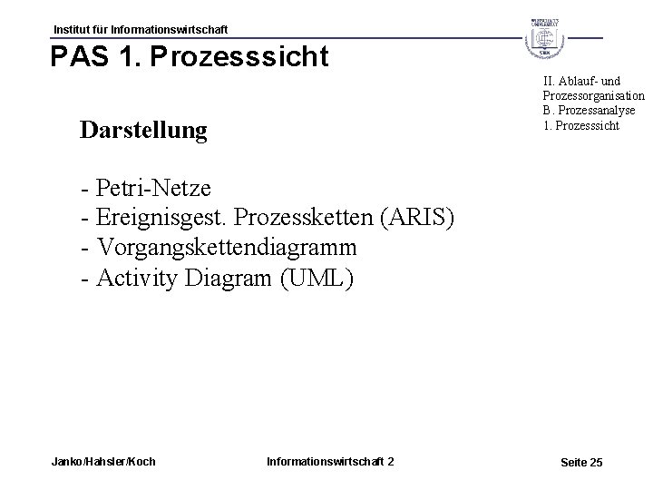 Institut für Informationswirtschaft PAS 1. Prozesssicht II. Ablauf- und Prozessorganisation B. Prozessanalyse 1. Prozesssicht