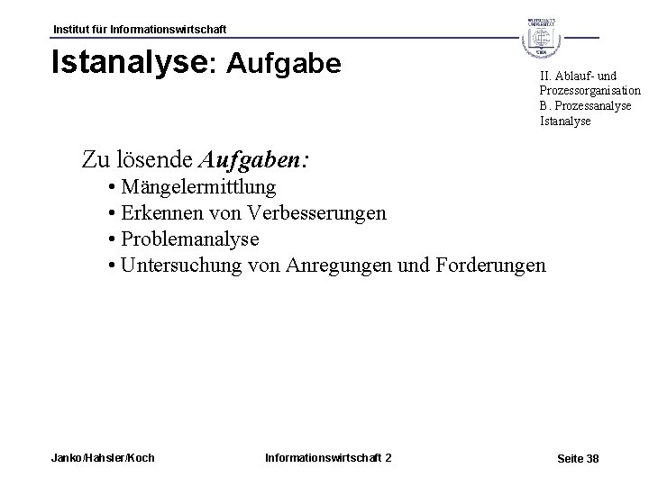 Institut für Informationswirtschaft Istanalyse: Aufgabe II. Ablauf- und Prozessorganisation B. Prozessanalyse Istanalyse Zu lösende