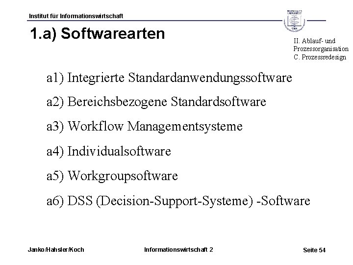 Institut für Informationswirtschaft 1. a) Softwarearten II. Ablauf- und Prozessorganisation C. Prozessredesign a 1)