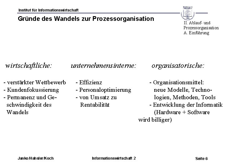 Institut für Informationswirtschaft Gründe des Wandels zur Prozessorganisation wirtschaftliche: - verstärkter Wettbewerb - Kundenfokussierung