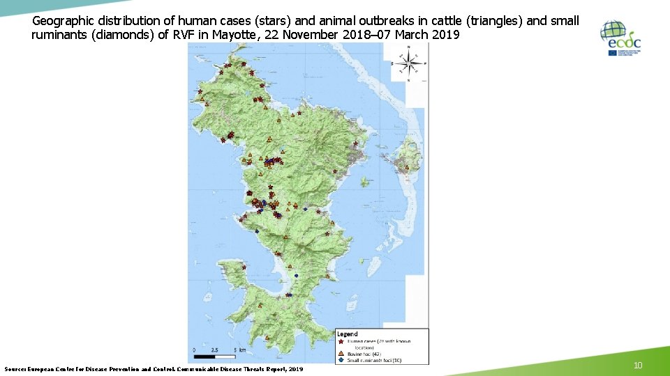 Geographic distribution of human cases (stars) and animal outbreaks in cattle (triangles) and small Geographic distribution of human cases (stars) and animal outbreaks in cattle (triangles) and small