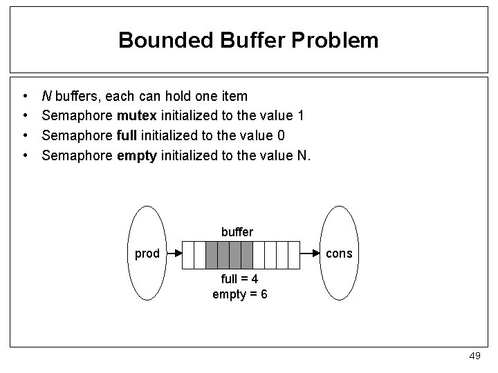Bounded Buffer Problem • • N buffers, each can hold one item Semaphore mutex