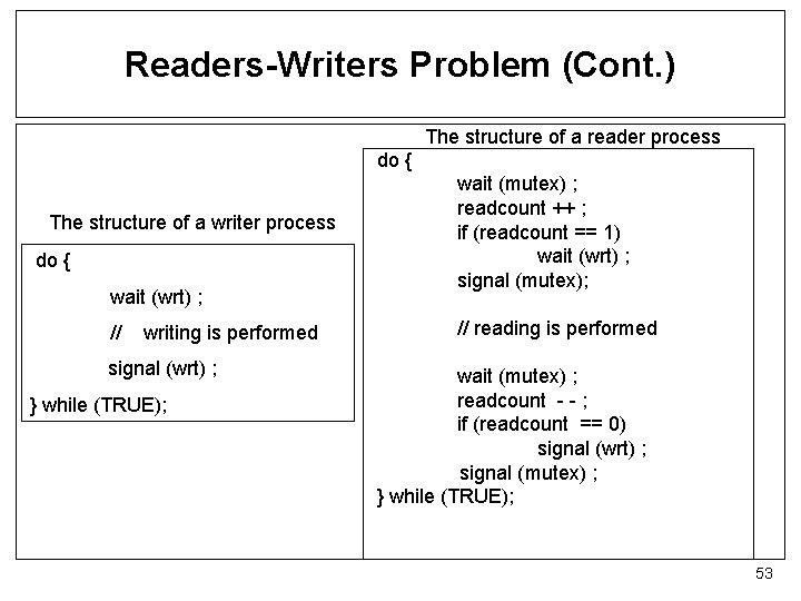 Readers-Writers Problem (Cont. ) The structure of a reader process do { The structure