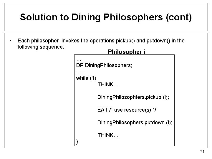 Solution to Dining Philosophers (cont) • Each philosopher invokes the operations pickup() and putdown()