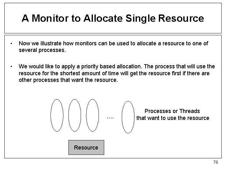 A Monitor to Allocate Single Resource • Now we illustrate how monitors can be
