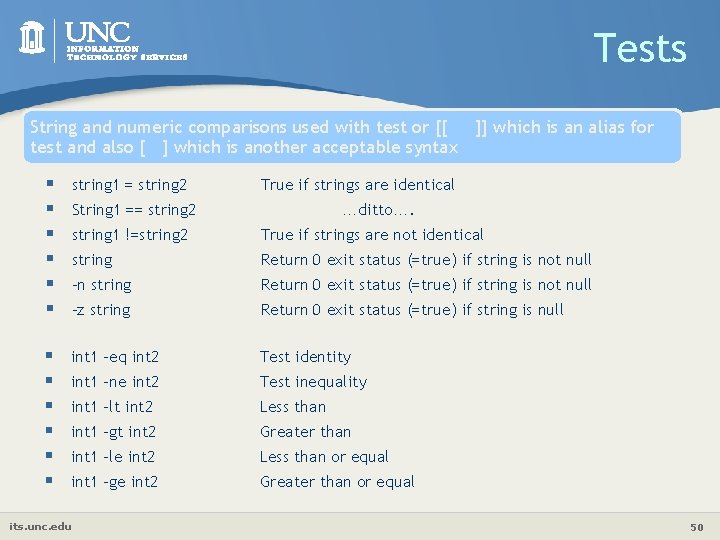 Tests String and numeric comparisons used with test or [[ ]] which is an