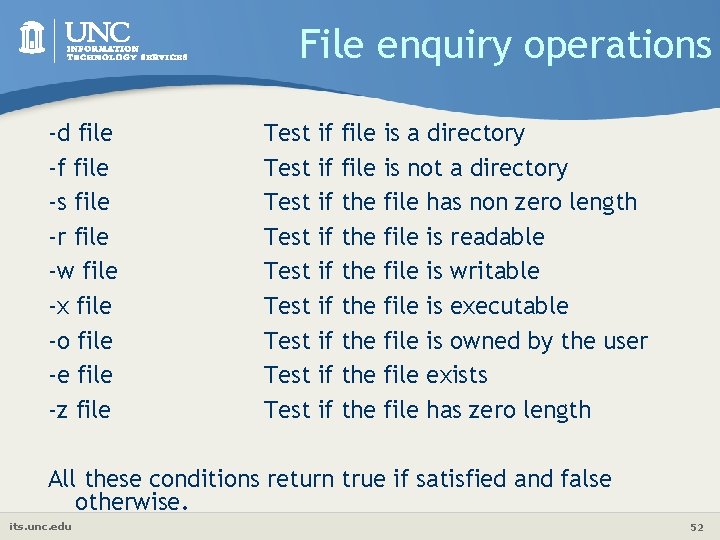 File enquiry operations -d file -f file -s file -r file -w file -x