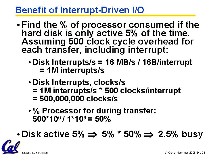 Benefit of Interrupt-Driven I/O • Find the % of processor consumed if the hard