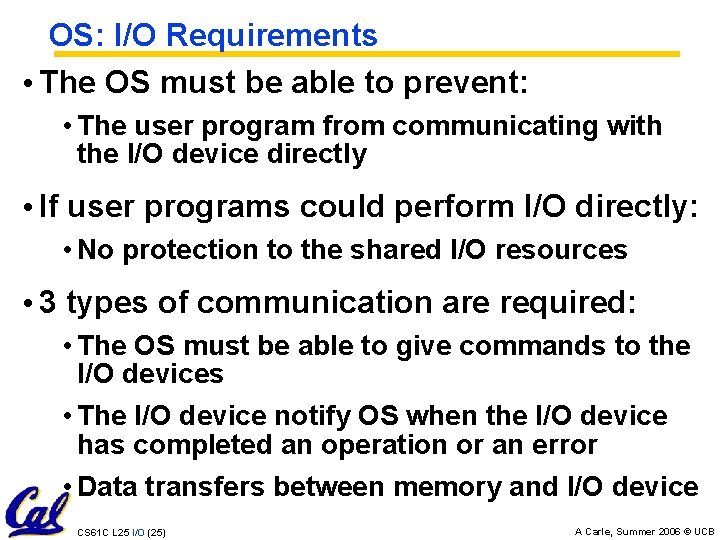 OS: I/O Requirements • The OS must be able to prevent: • The user
