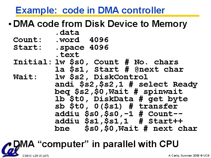 Example: code in DMA controller • DMA code from Disk Device to Memory .