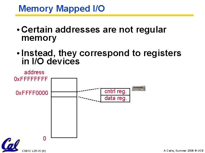 Memory Mapped I/O • Certain addresses are not regular memory • Instead, they correspond