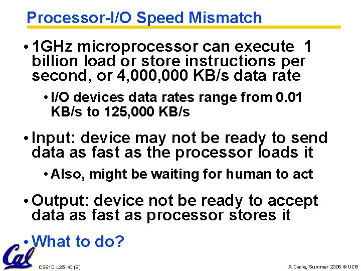 Processor-I/O Speed Mismatch • 1 GHz microprocessor can execute 1 billion load or store