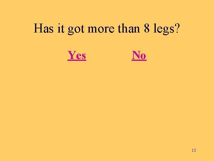 Has it got more than 8 legs? Yes No 13 