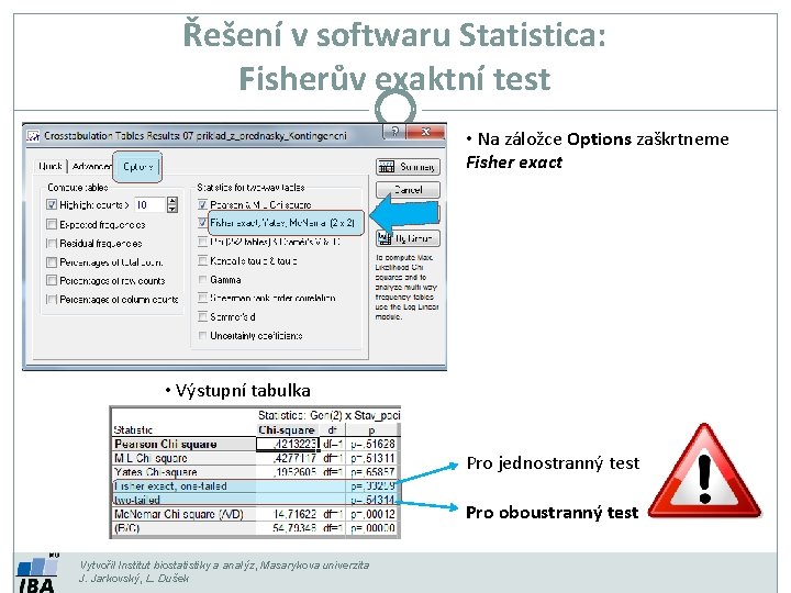 Řešení v softwaru Statistica: Fisherův exaktní test • Na záložce Options zaškrtneme Fisher exact
