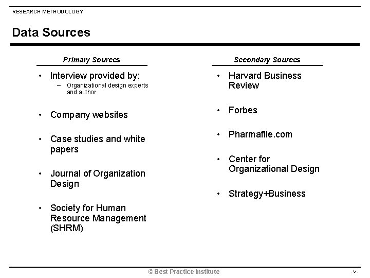 RESEARCH METHODOLOGY Data Sources Primary Sources • Interview provided by: – Organizational design experts