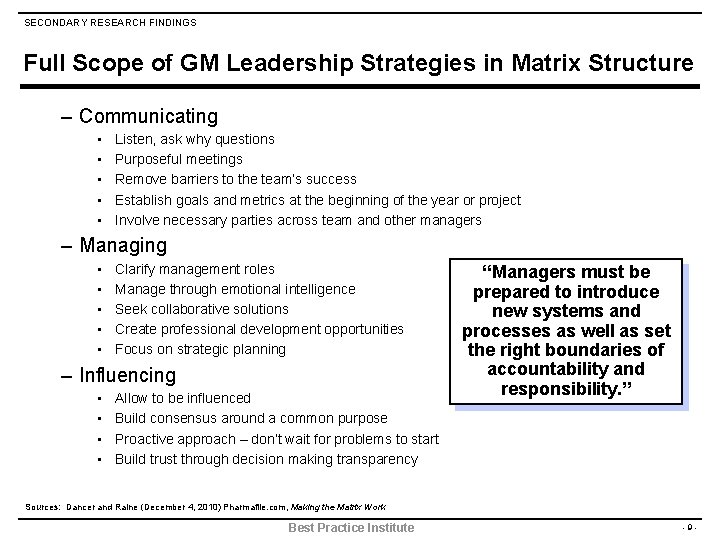 SECONDARY RESEARCH FINDINGS Full Scope of GM Leadership Strategies in Matrix Structure – Communicating