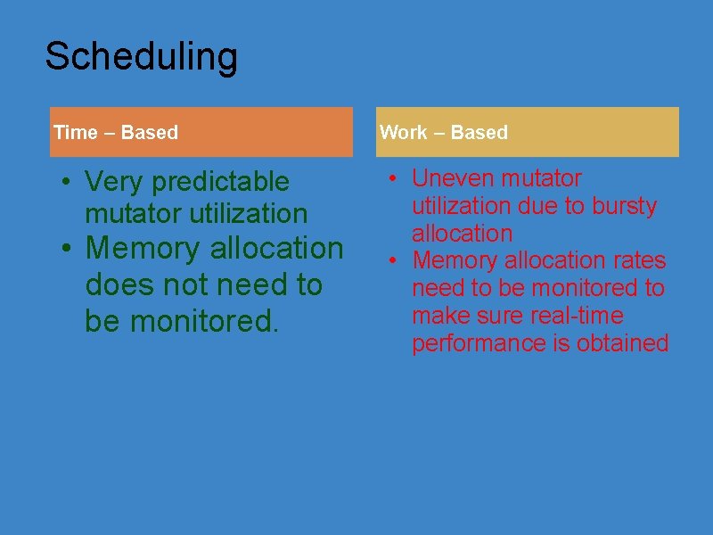 Scheduling Time – Based • Very predictable mutator utilization • Memory allocation does not