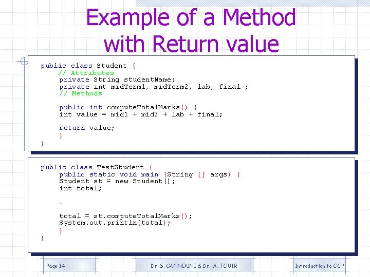 Example of a Method with Return value public class Student { // Attributes private Example of a Method with Return value public class Student { // Attributes private