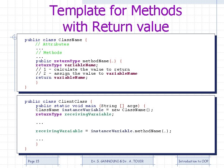 Template for Methods with Return value public class Class. Name { // Attributes. . Template for Methods with Return value public class Class. Name { // Attributes. .