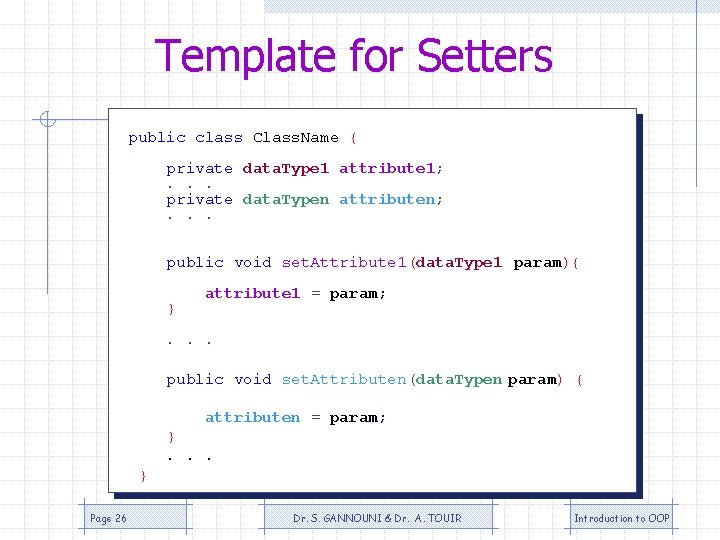Template for Setters public class Class. Name { private data. Type 1 attribute 1; Template for Setters public class Class. Name { private data. Type 1 attribute 1;