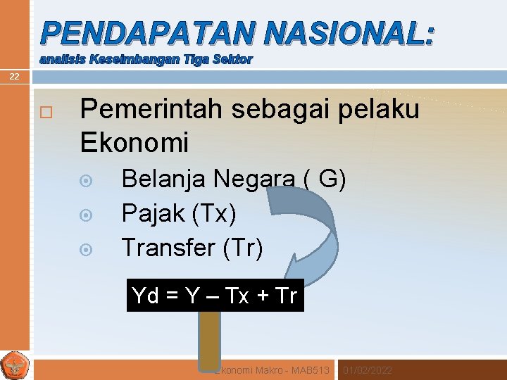 PENDAPATAN NASIONAL: analisis Keseimbangan Tiga Sektor 22 Pemerintah sebagai pelaku Ekonomi Belanja Negara (