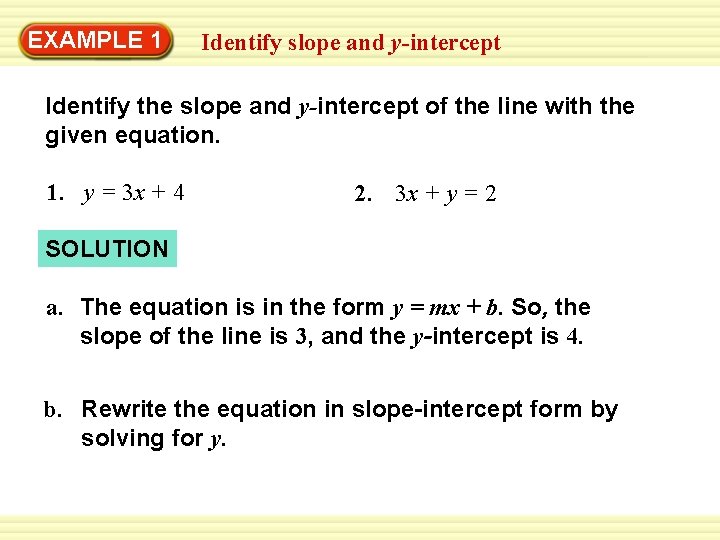 EXAMPLE 1 Identify slope and y-intercept Identify the slope and y-intercept of the line