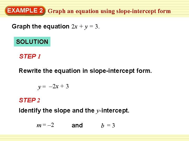 EXAMPLE 2 Graph an equation using slope-intercept form Graph the equation 2 x +