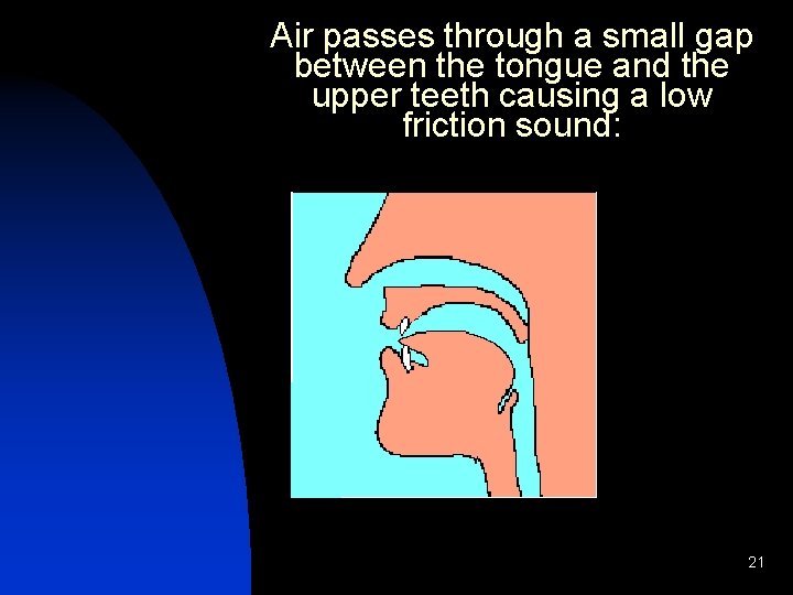 Air passes through a small gap between the tongue and the upper teeth causing