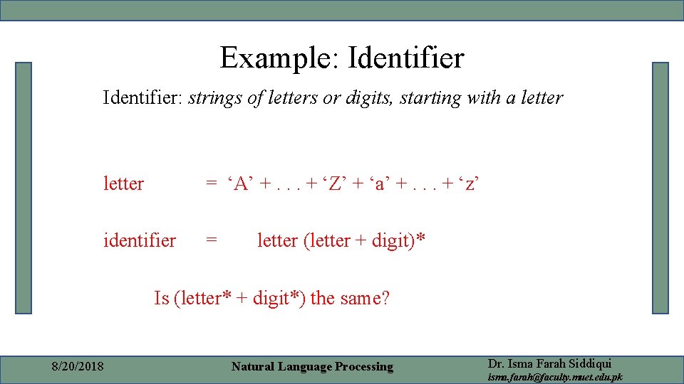 Example: Identifier: strings of letters or digits, starting with a letter = ‘A’ +. Example: Identifier: strings of letters or digits, starting with a letter = ‘A’ +.