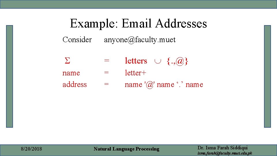 Example: Email Addresses 8/20/2018 Consider anyone@faculty. muet Σ = letters {. , @} name Example: Email Addresses 8/20/2018 Consider anyone@faculty. muet Σ = letters {. , @} name