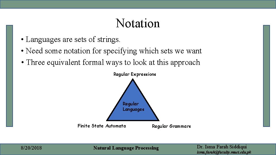 Notation • Languages are sets of strings. • Need some notation for specifying which Notation • Languages are sets of strings. • Need some notation for specifying which