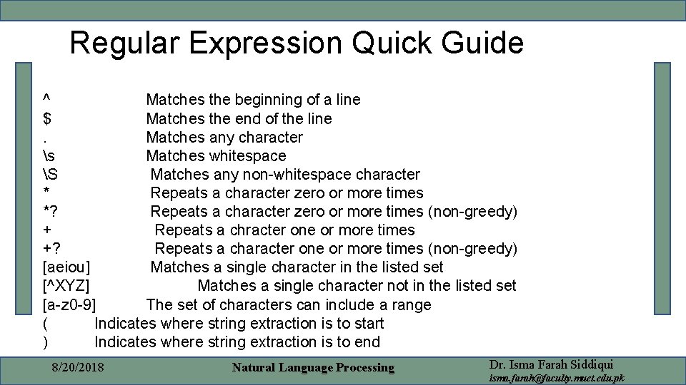 Regular Expression Quick Guide ^ Matches the beginning of a line $ Matches the Regular Expression Quick Guide ^ Matches the beginning of a line $ Matches the