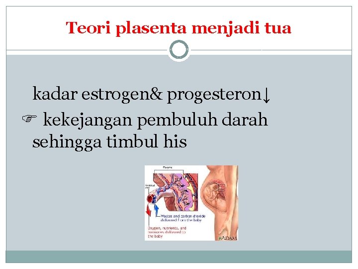 Teori plasenta menjadi tua kadar estrogen& progesteron↓ kekejangan pembuluh darah sehingga timbul his 